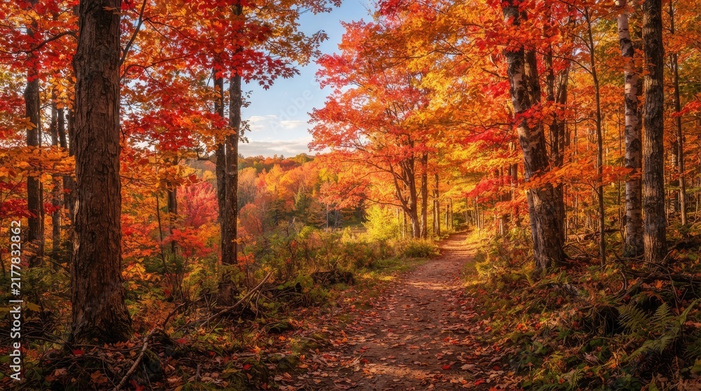Fototapeta premium Autumn Trail Covered in Leaves Leading Through Colorful Forest at Sunset