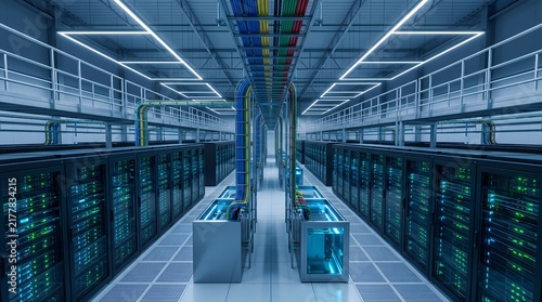 Modern server room with rows of glowing computer racks and colorful cables