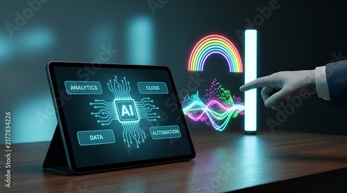 Tablet displays AI interface with analytics and data next to glowing digital rainbow and charts