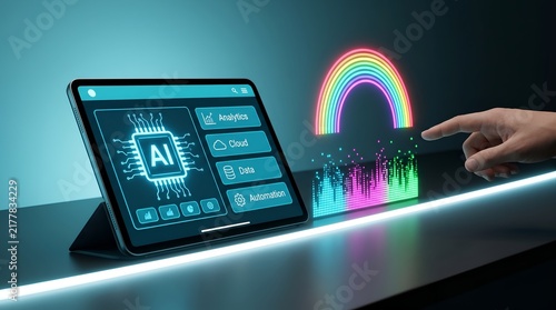 AI interface on tablet with neon rainbow and digital equalizer