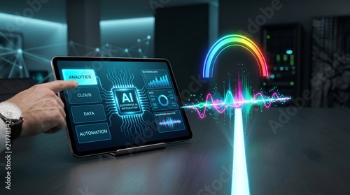 Hand touching tablet screen displaying AI analytics dashboard with soundwave visualization