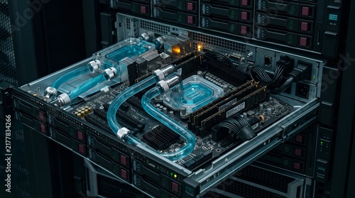 Custom computer liquid cooling system in server rack
