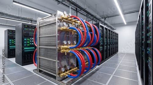 Server room with cooling system and rows of server racks