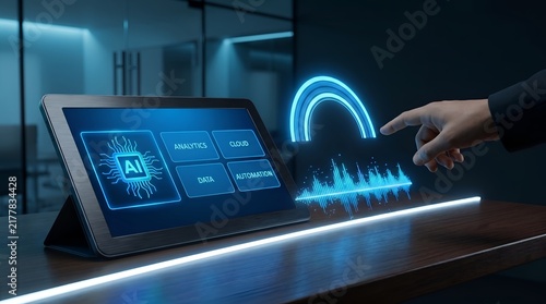 Hand interacting with futuristic AI interface displaying analytics and data