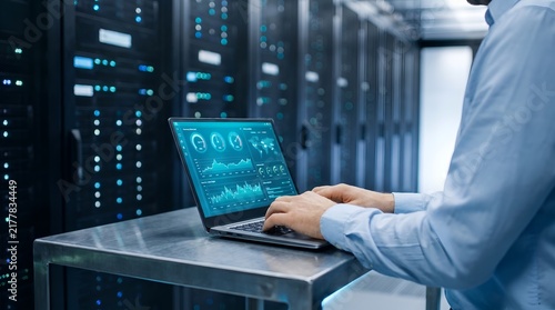 Man working on laptop with data analytics dashboard in server room
