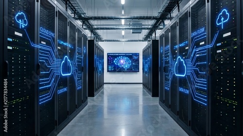 Server room with glowing blue cloud technology graphics