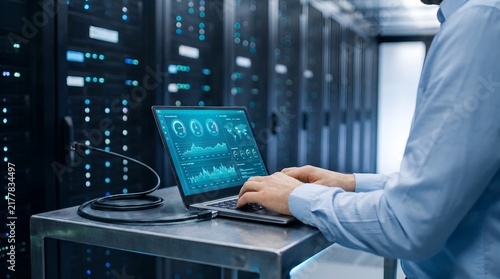 Data center technician working on laptop with server racks