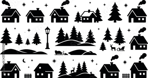Christmas Winter Village Silhouette Icon Set with Houses Trees and Reindeer