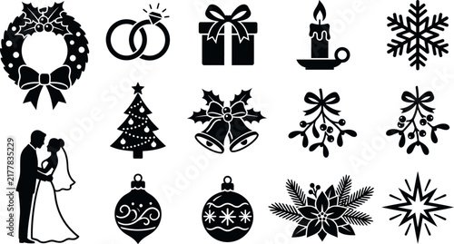 A collection of black silhouette icons featuring Christmas symbols and winter wedding elements on white background.