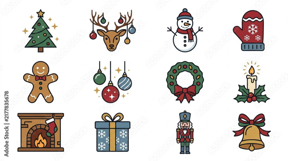 Naklejka premium Colorful Christmas Holiday Icons Collection Flat Design.