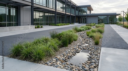 Modern office building exterior with a decorative rock garden and green plants in a landscaped courtyard. bioswale