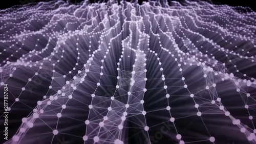 Digital Data Network Visualization with Glowing Purple Lines and Nodes Moving in 3D Space