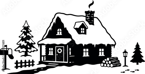 Winter Christmas cabin illustration with snow covered roof and pine trees