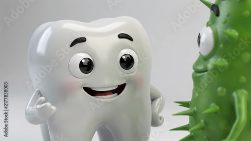 Cute Animated Tooth and Friendly Germ Character Interacting in Bright White Background
