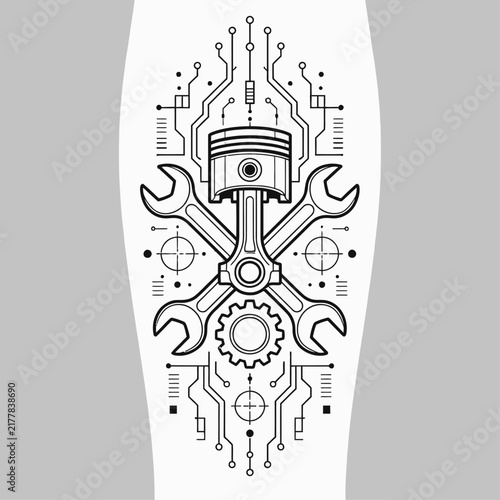 Intricate line art design of a piston and crossed wrenches with circuit board elements and technical drawing details, symbolizing engineering and mechanics.