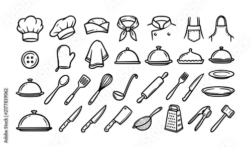Hand Drawn Chef Hat Kitchen Uniform and Food Dome Sketch Icon Set