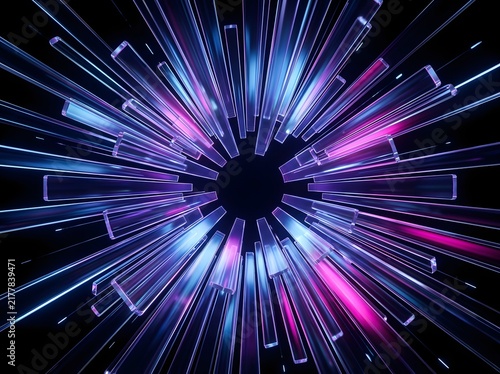 Dynamic Radial Array of Futuristic Glass Panels Exploding in Vibrant Neon Light Streaks Against Deep Space Void