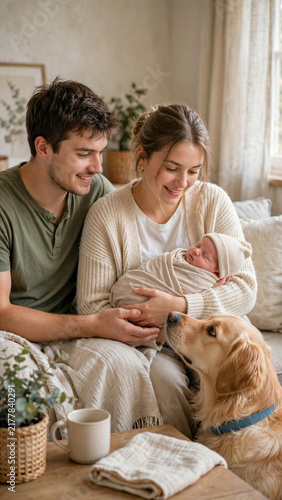Young couple watching their pet dog interact gently with newborn baby on floor