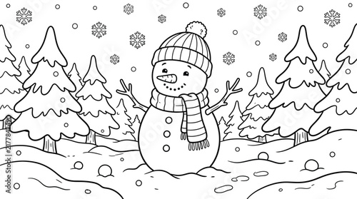 Bild auf Leinwand Cute-Snowman Winter Scene Coloring Page With Scarf Hat Pine Trees Snowflakes And