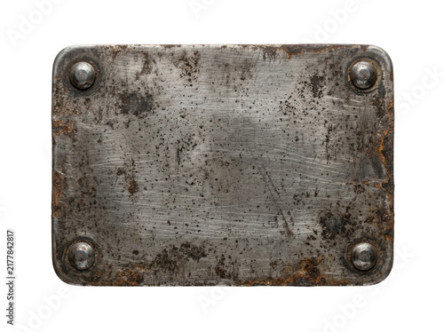 Weathered metal rectangular plate with rivets isolated on transparent background for industrial texture