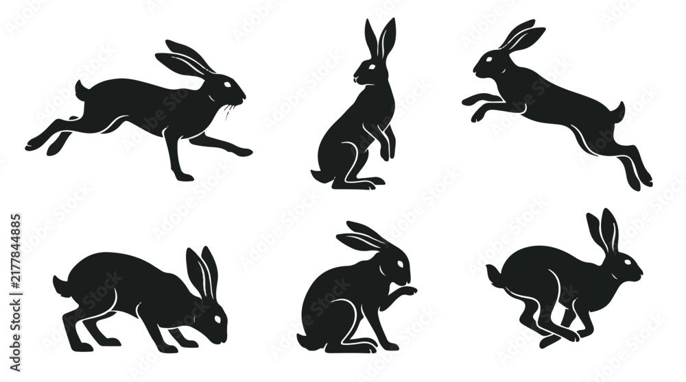 Fototapeta premium Set of six black hare silhouettes in various poses and jumping actions isolated on white