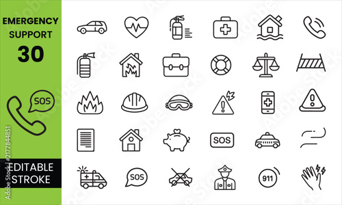 Emergency Support Editable Icon Set, Safety Rescue and Crisis Assistance Icons