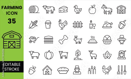 Farming and Agriculture Editable Icon Set, Farm Animals Crops and Agricultural Tools Icons