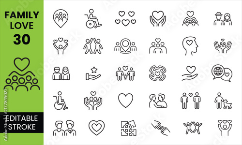Family Love Editable Icon Set, Parents Children Care and Relationship Icons