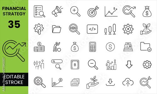 Financial Strategy Editable Icon Set, Investment Business Growth and Money Management Icons