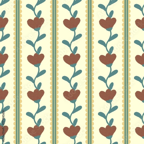 Seamless Boho Folk Floral Stripe Pattern with Small Flowers and Botanical Vines