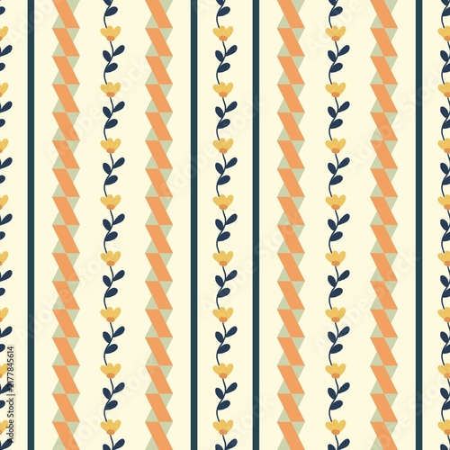 Seamless Boho Folk Floral Stripe Pattern with Small Flowers and Botanical Vines