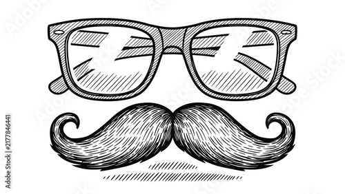 Foto Black and white hand-drawn illustration depicting a pair of stylish retro glasses above a classic curly mustache, representing hipster fashion and accessories