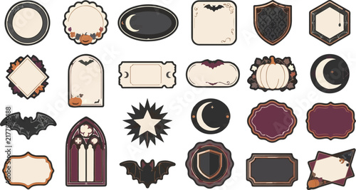 Vintage Halloween label set with totem, moons and tombstones. Classic spooky vector tag collection in retro style.