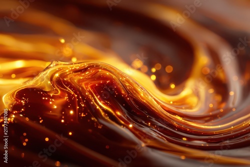 Molten chocolate flowing with golden light and sparkling highlights during a smooth swirl