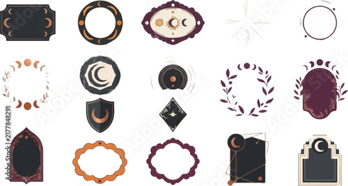 mystical elements vector set, dark fantasy borders and frames, moon and star symbols, celestial and mystical ornaments, occult and arcane design elements, esoteric symbols and emblems