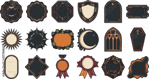 Halloween vintage labels and gothic ornate frames set, spooky seasonal badges, dark spooky festival design elements, retro autumn stickers, vector illustration for branding