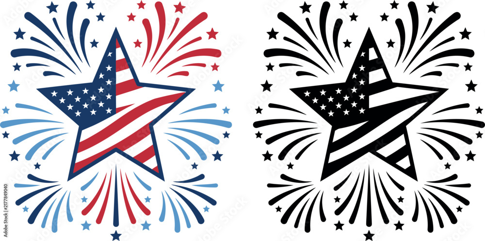 Fototapeta premium American flag star with patriotic fireworks burst in color and black line art for national events.