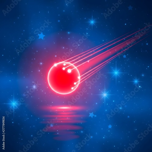 Red glowing comet in space with tail