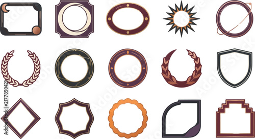 Vintage decorative frames and ornamental borders, elegant wreaths and retro icons with shields, rustic graphic design elements for invitations, borders