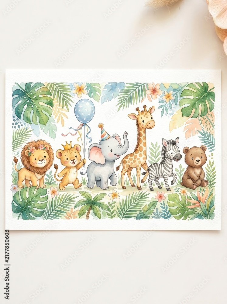 Obraz premium Cute Watercolor Safari Baby Animals Party Illustration with Lion, Elephant, Giraffe, Zebra, and Bear in Jungle
