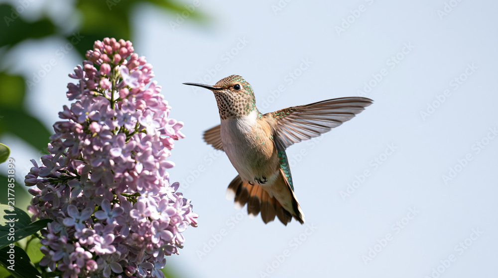 Fototapeta premium Tiny Nectar Feeding Bird Captured Midair Near Spring Flowers