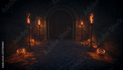 Mysterious dimly lit hallway with glowing jack o lanterns and candles