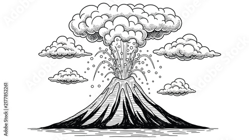 Volcano eruption with smoke clouds and lava flowing down mountain peak natural disaster explosion earth science landscape hand drawn sketch vector illustration.