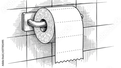 Toilet paper roll on holder hanging against tiled bathroom wall in hand drawn sketch style black and white line art illustration showing domestic hygiene.