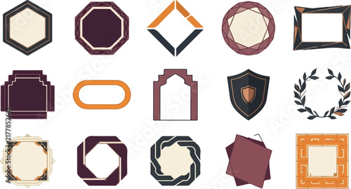 Vintage geometric frames and decorative borders. Hand-drawn ornamental outlines. Retro badges, laurels, and labels. Earth tone vector set with maroon, beige