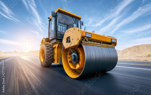 Heavy Yellow Road Roller Working on Construction Site with Clear Blue Sky and Desert Landscape