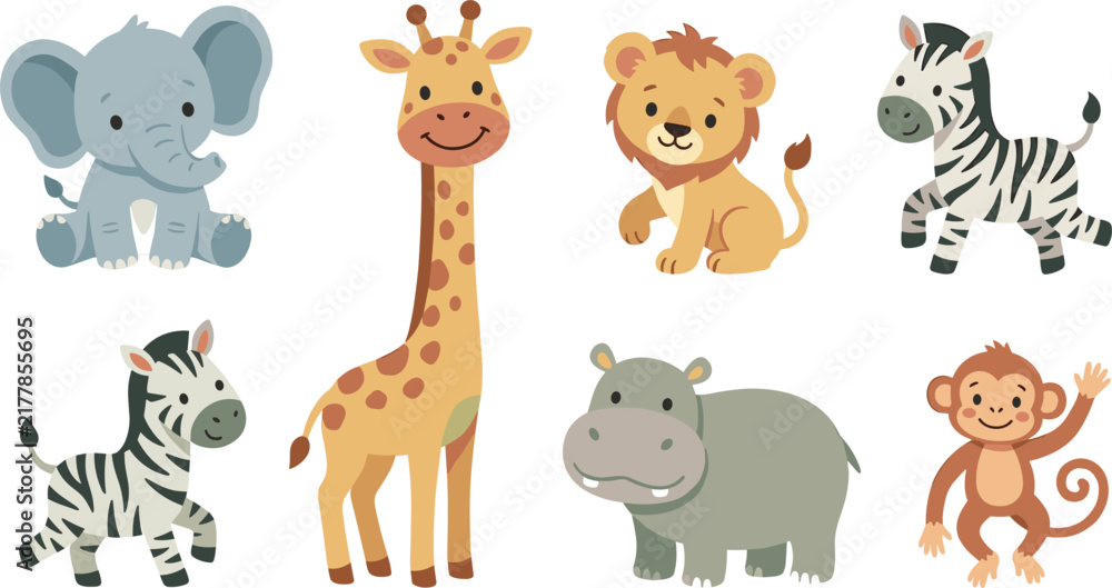 Fototapeta premium Cute baby safari animals flat vector illustration collection. Friendly cartoon elephant, giraffe, lion cub, zebra, hippopotamus, and monkey set isolated on white background for kids design.