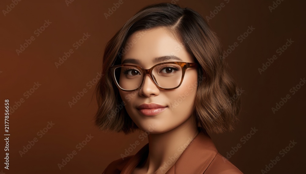 Fototapeta premium A confident young woman with short brown hair and stylish glasses poses against a warm brown background.