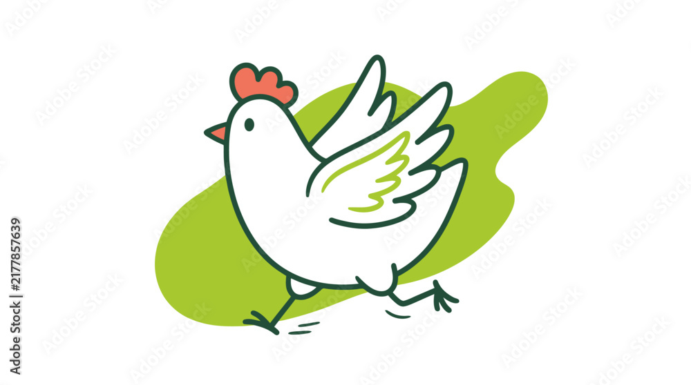 Fototapeta premium Minimalist cartoon illustration of a happy white chicken running, isolated on white background with green accents.