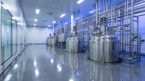 Large steel tanks in a clean modern industrial factory production facility